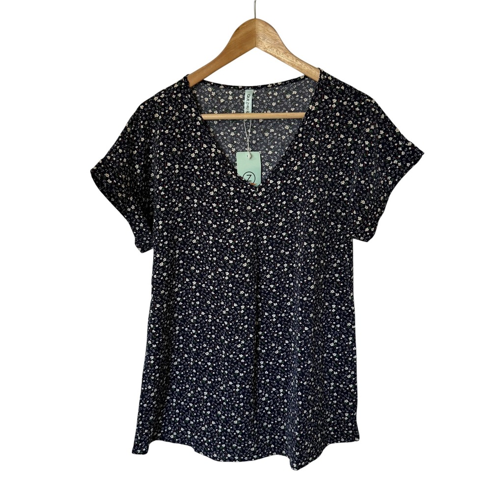 Quezhu Floral Blouse Womens Small Navy Blue NEW V-Neck Short Sleeve Ditsy Top